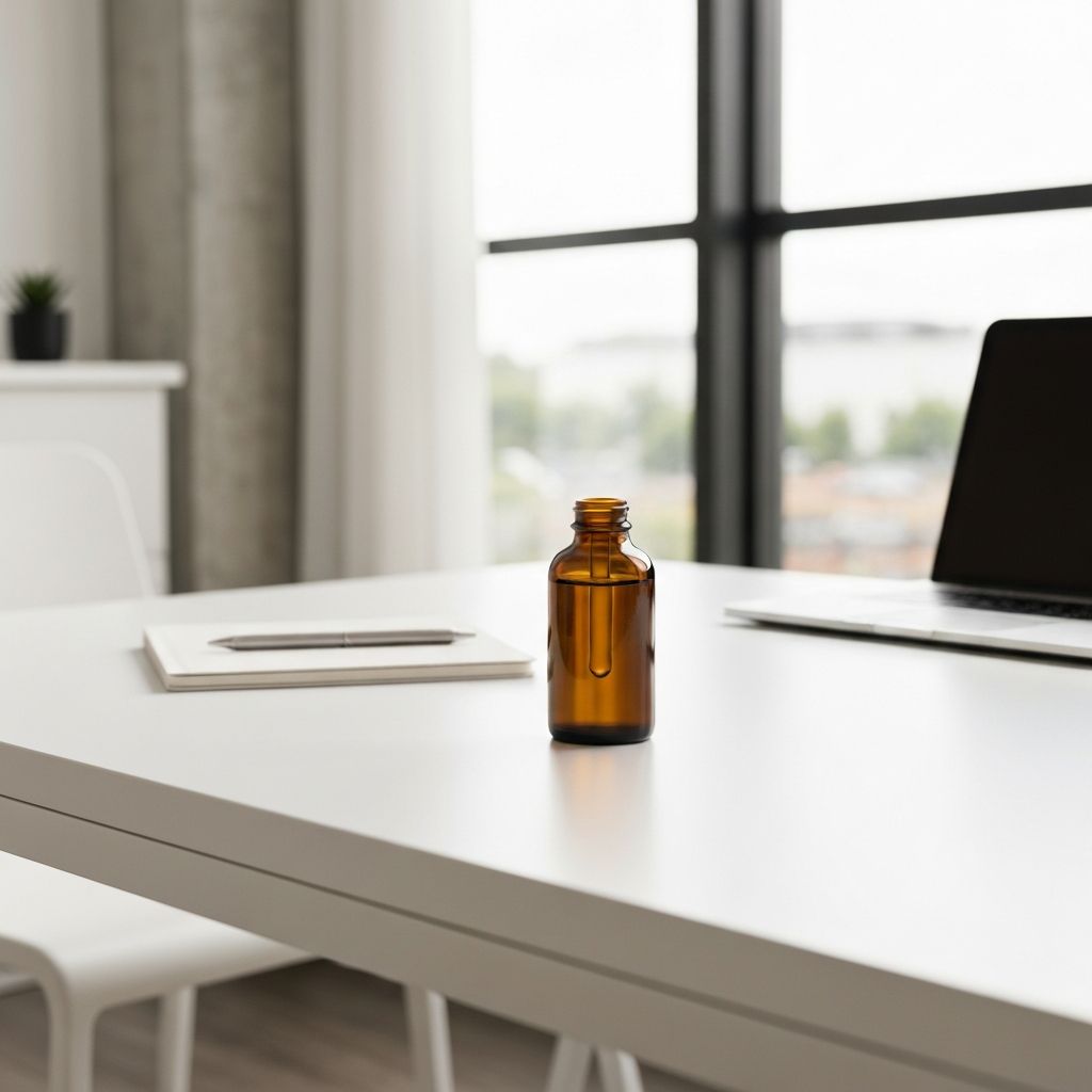Steady focus complex liquid supplement in amber glass bottle on desk