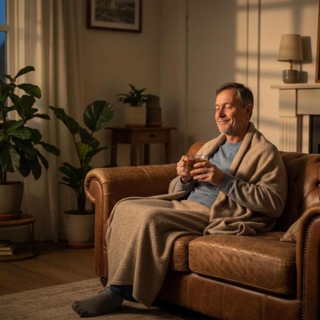 Person relaxing on couch with tea and blanket in evening light